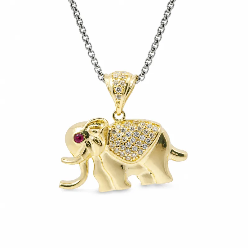 14KT Gold Charm Small 3D Puff Elephant with Flat Heart Cut Out Back, Dark Pink CZ Stone Eye, White CZ Stones Blanket and Bell