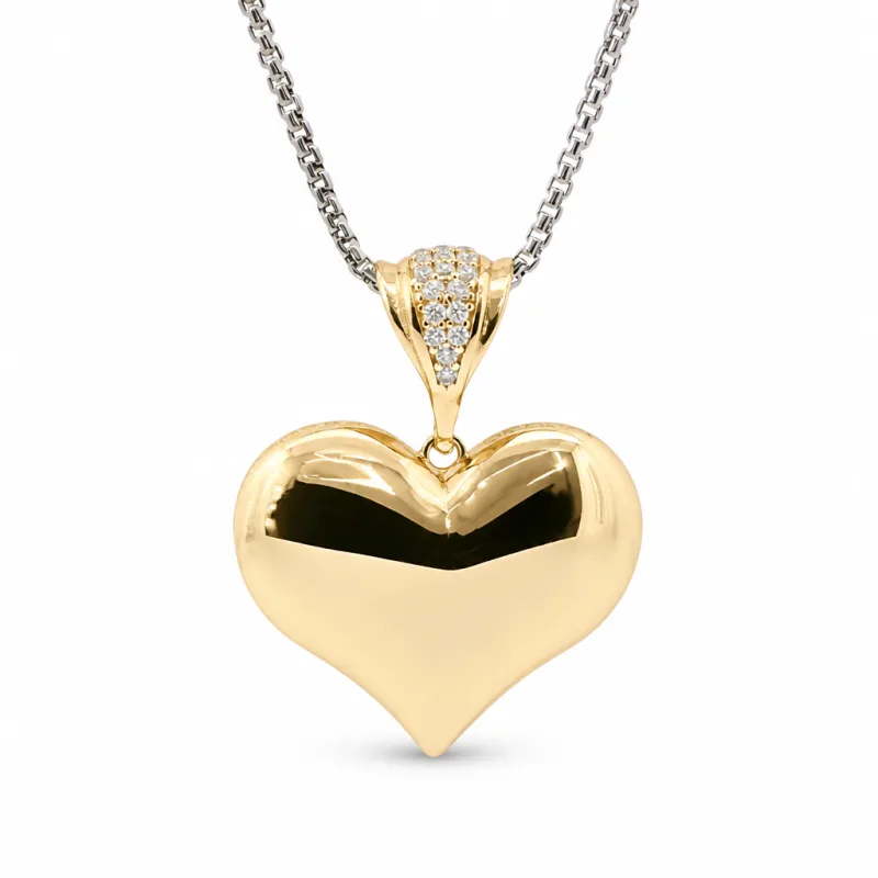 14KT Gold Charm Medium Flat Back Puff Heart with White CZ Stones Edge and Bell