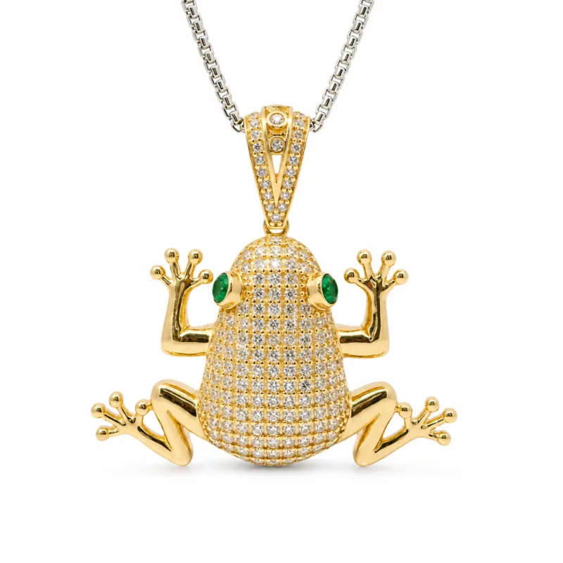14KT Gold Charm Large 3D Frog with Green CZ Stones Eyes and Flat Back White CZ Stones Body and Bell