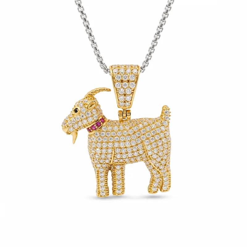 14KT Gold Charm Medium 3D Goat with Flat Back Green CZ Stone Eye, Dark Pink CZ Stones Collar, and White CZ Stones Body and Bell