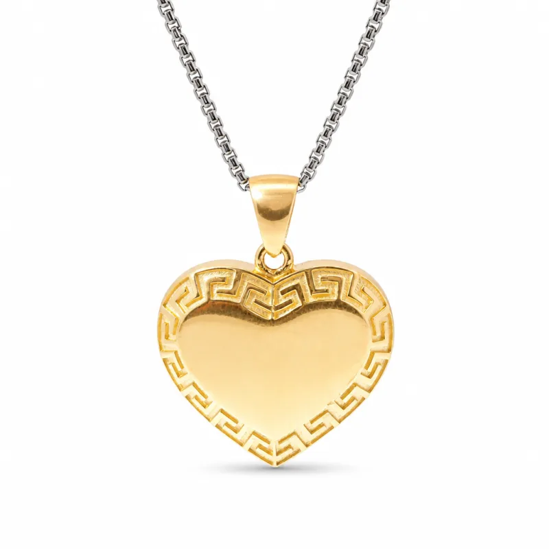 14KT Gold Charm Large Engravable Greek Border Heart with Plain Bell