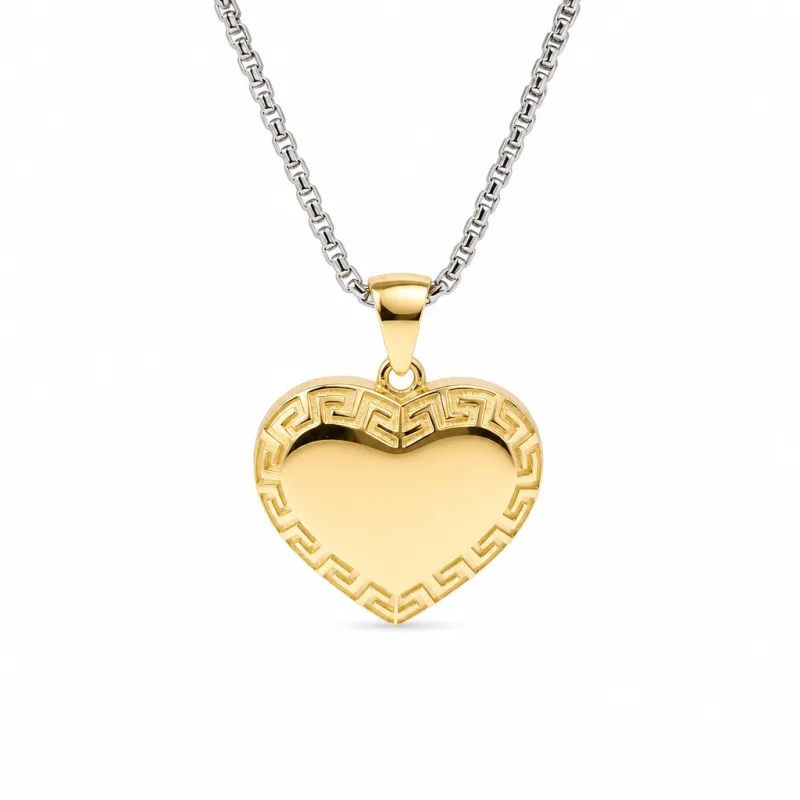 14KT Gold Charm Medium Greek Border Heart with Plain Bell