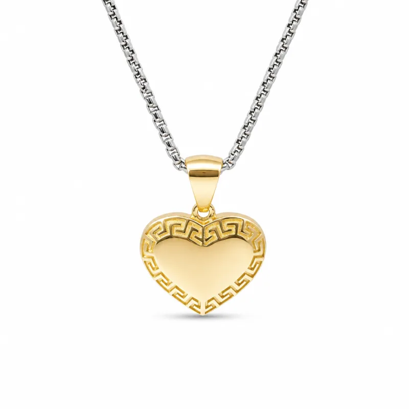 14KT Gold Charm Small Engravable Greek Border Heart with Plain Bell