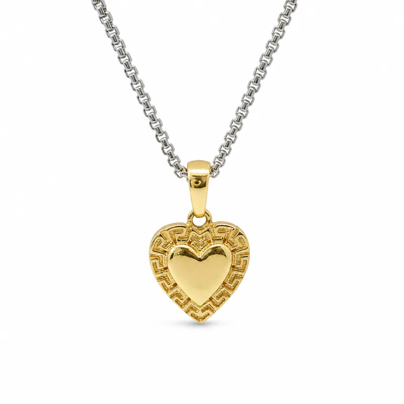 14KT Gold Charm Extra Small Engravable Greek Border Heart with Plain Bell