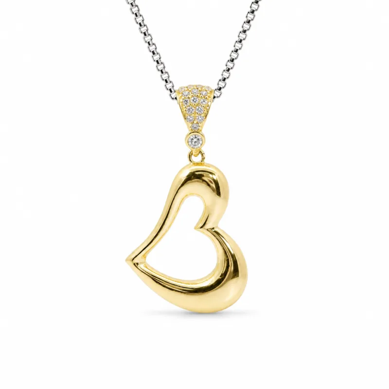 14KT Gold Charm Medium Tilted Open Center Flat Back Puff Heart with White CZ Stones Bell