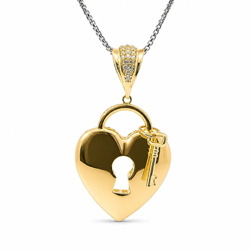 14KT Gold Charm Large Flat Back Lock and Key Puff Heart with White CZ Stones Edge and Bell