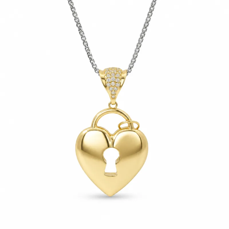14KT Gold Charm Medium Flat Back Lock and Key Puff Heart with White CZ Edge and Bell