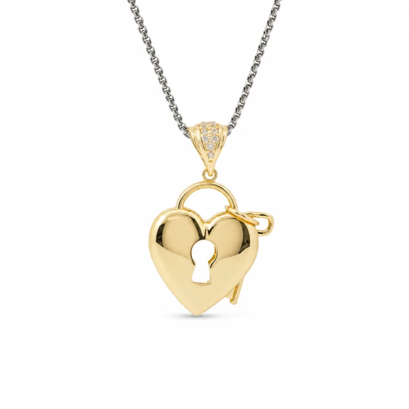 14KT Gold Charm Small Flat Back Lock and Key Puff Heart with White CZ Stones Edge and Bell