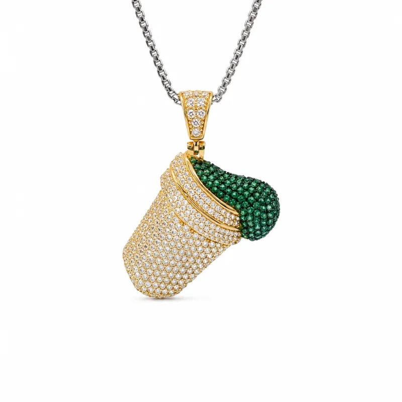 14KT Gold Charm Large 3D Double Cup Green Lean Flat Back with White CZ Cup and Bell