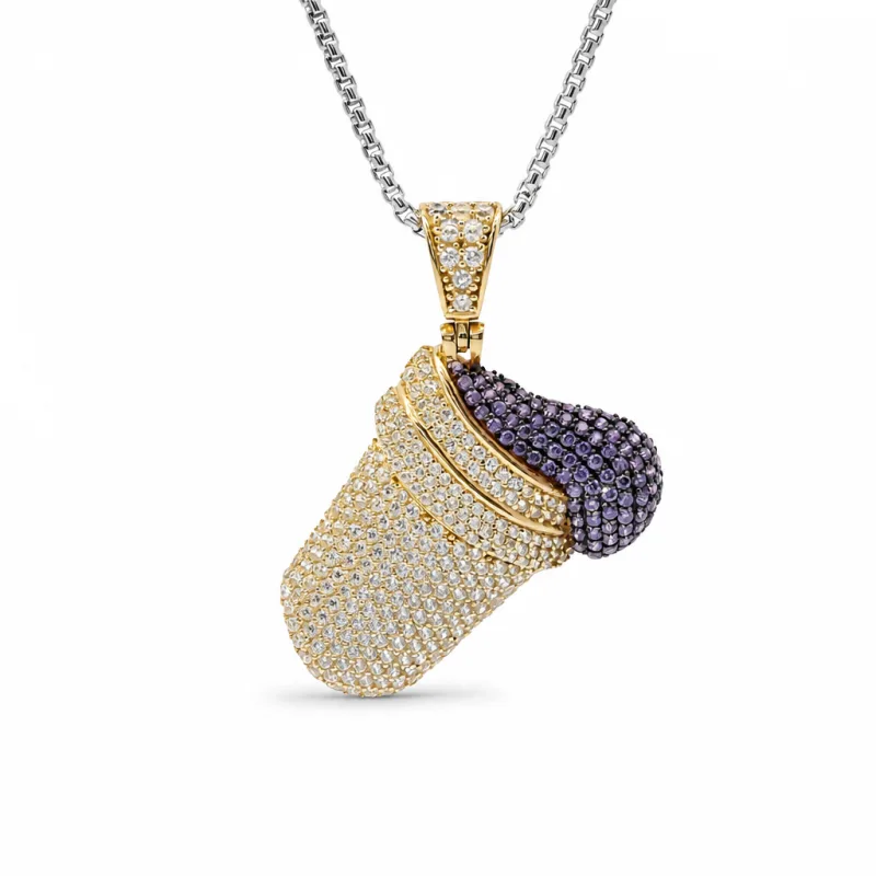 14KT Gold Charm Large 3D Double Cup Purple Lean Flat Back with White CZ Stones Cup and Bell