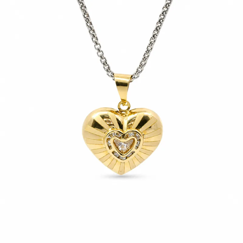 14KT Gold Charm Small Flat Back Striped Sunray Puff Heart with White CZ Stones Center and Plain Bell