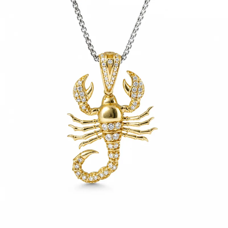 14KT Gold Charm Large 3D Scorpion with Flat Back and White CZ Stones Body and Bell