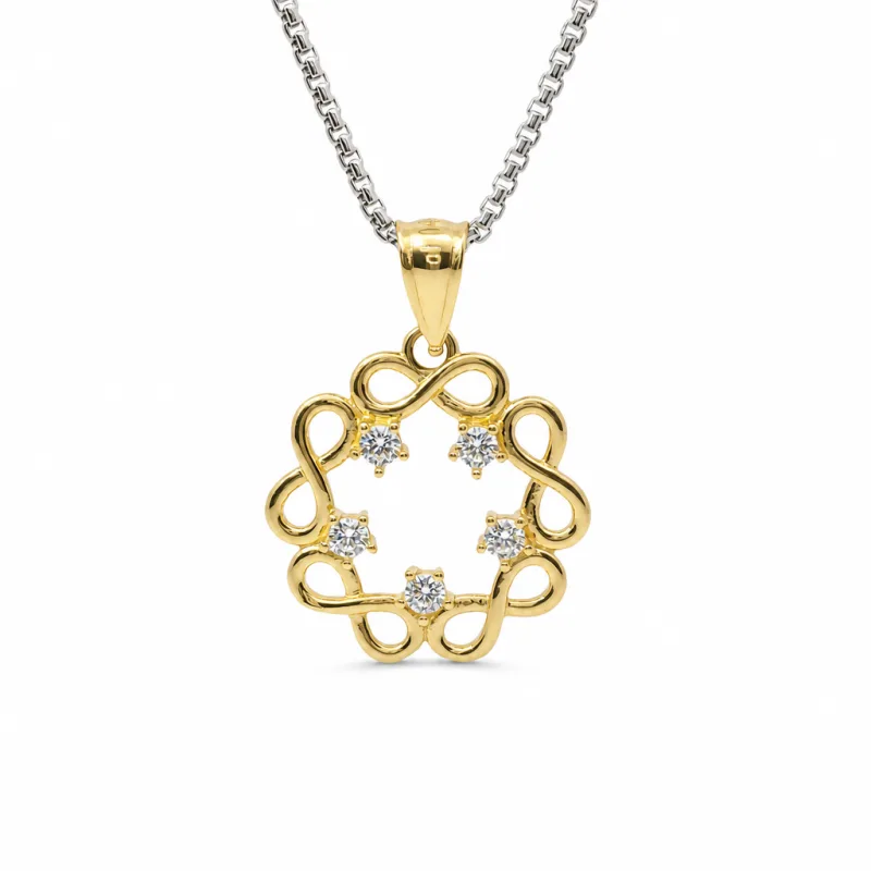 14KT Gold Charm Medium Plain Infinity Wreath with Five White CZ Stones Center and Plain Bell