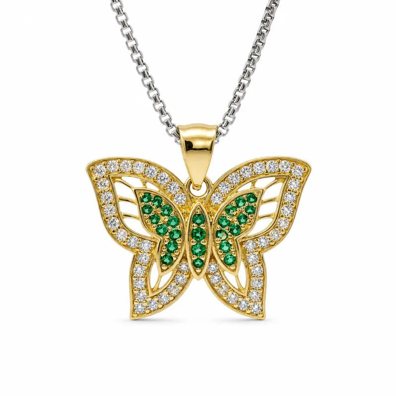 14KT Gold Charm Dark Green CZ Center Butterfly with White CZ Stone Wings Border and Plain Bell