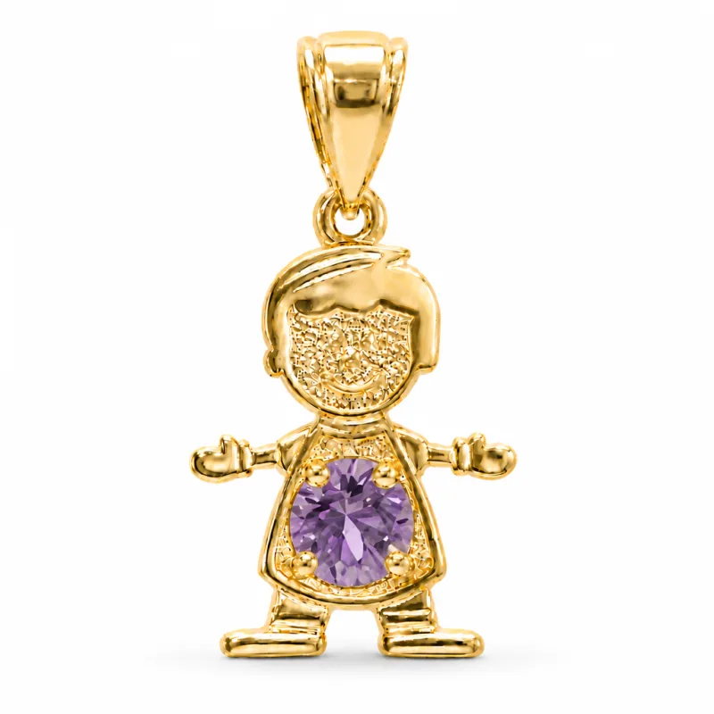14KT Gold Charm Boy with Dark Purple CZ Stone Belly and Plain Bell