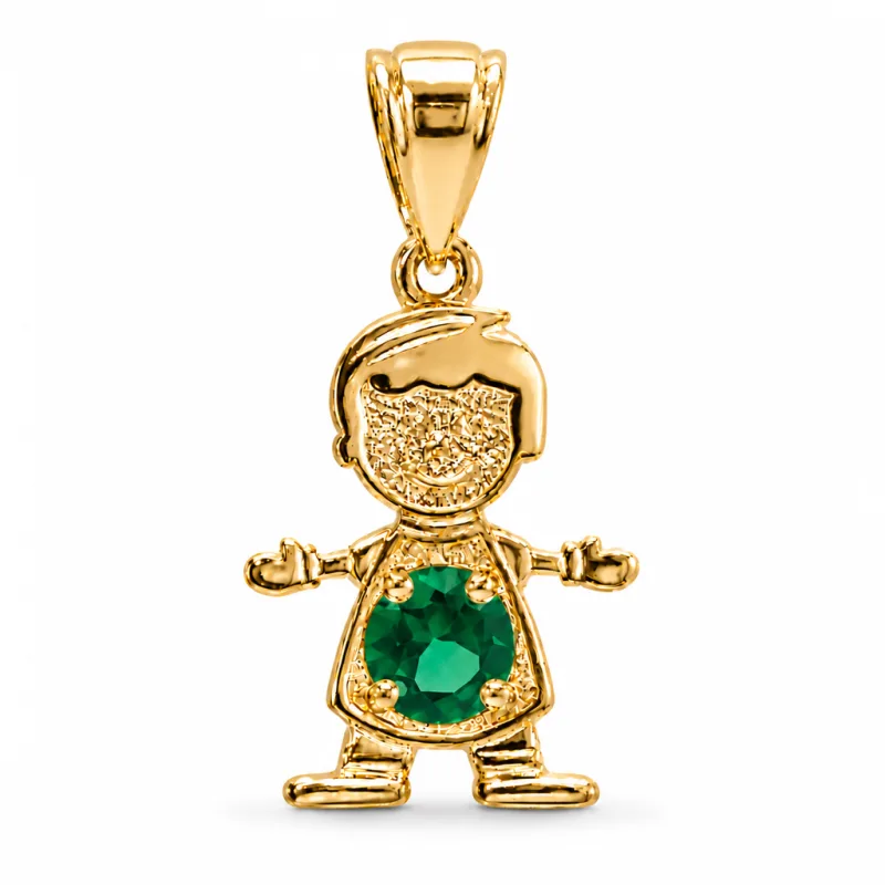 14KT Gold Charm Boy with Green CZ Stone Belly and Plain Bell