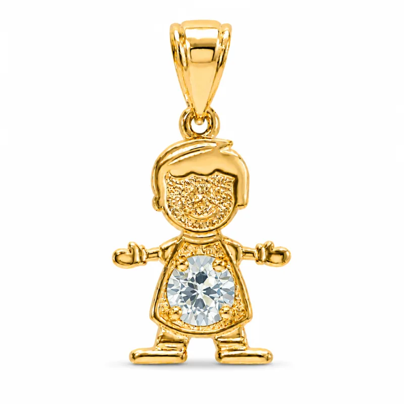 14KT Gold Charm Boy with Light Blue CZ Stone Belly and Plain Bell