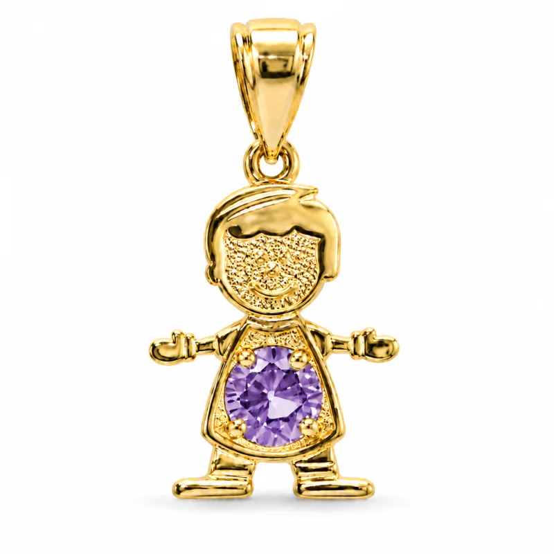 14KT Gold Charm Boy with Purple CZ Stone Belly and Plain Bell