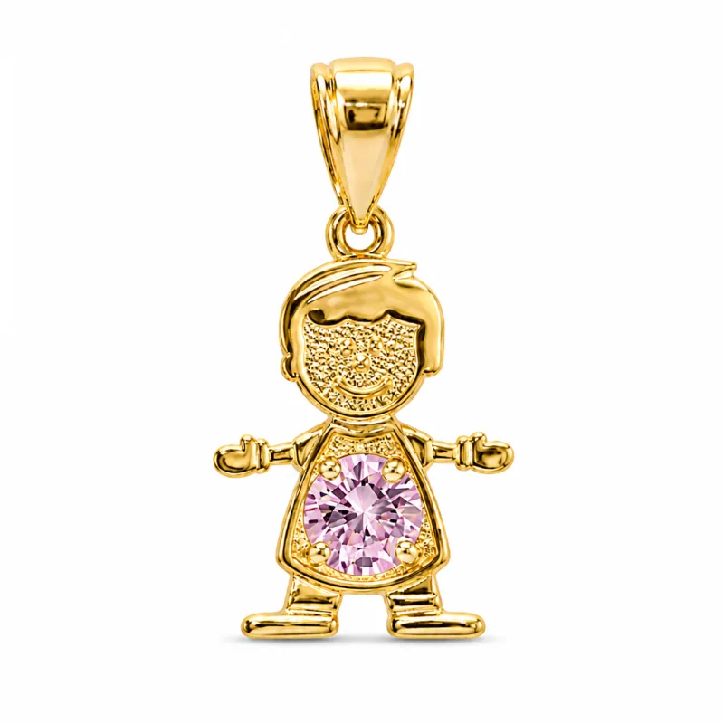 14KT Gold Charm Boy with Pink CZ Stone Belly and Plain Bell