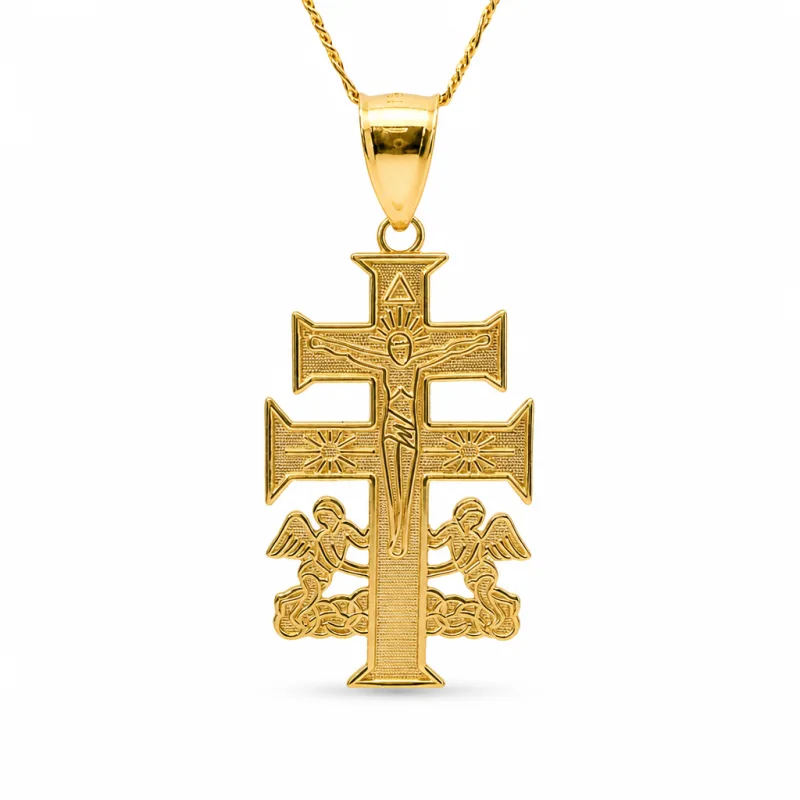 14KT Gold Charm Large Flat Caravaca Crucifix Cross with Plain Bell