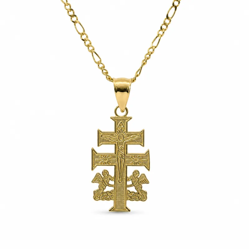 14KT Gold Charm Small Flat Caravaca Crucifix Cross with Plain Bell