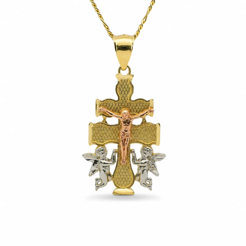 14KT Gold Charm Medium Tri Tone Caravaca Crucifix Cross with Rounded Base and Plain Bell