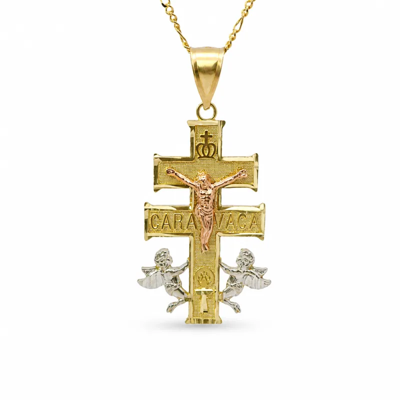 14KT Gold Charm Large Tri Tone Caravaca Crucifix Cross with Plain Bell