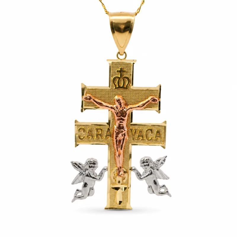 14KT Gold Charm Extra Large Tri Tone Caravaca Crucifix Cross with Plain Bell