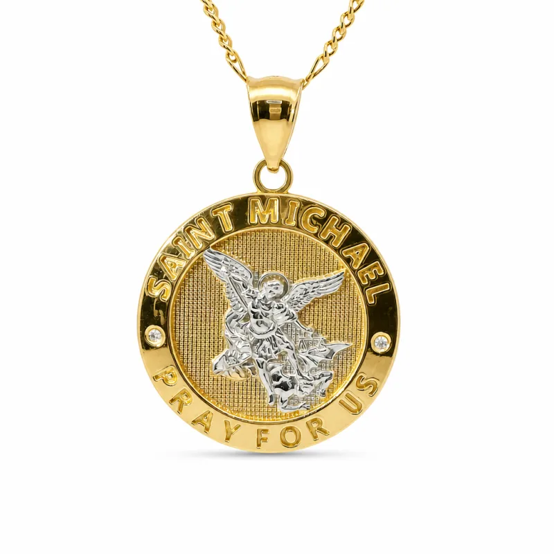 14KT Gold Charm Large Two Tone St Michael Coin with "PRAY FOR US" Border and Plain Bell