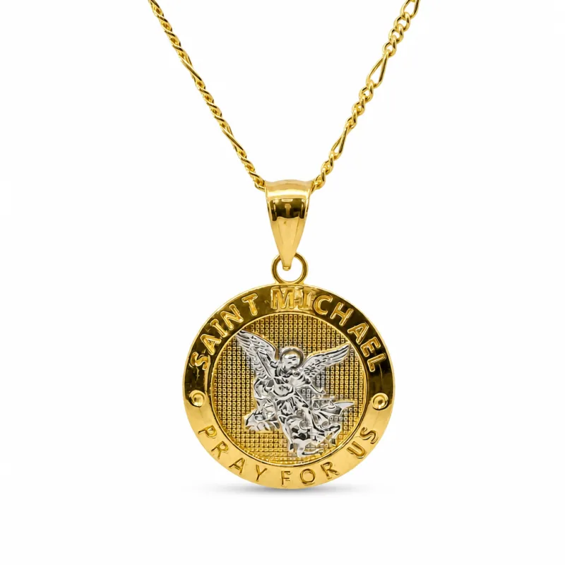 14KT Gold Charm Medium Two Tone St Michael Coin with "PRAY FOR US" Border and Plain Bell