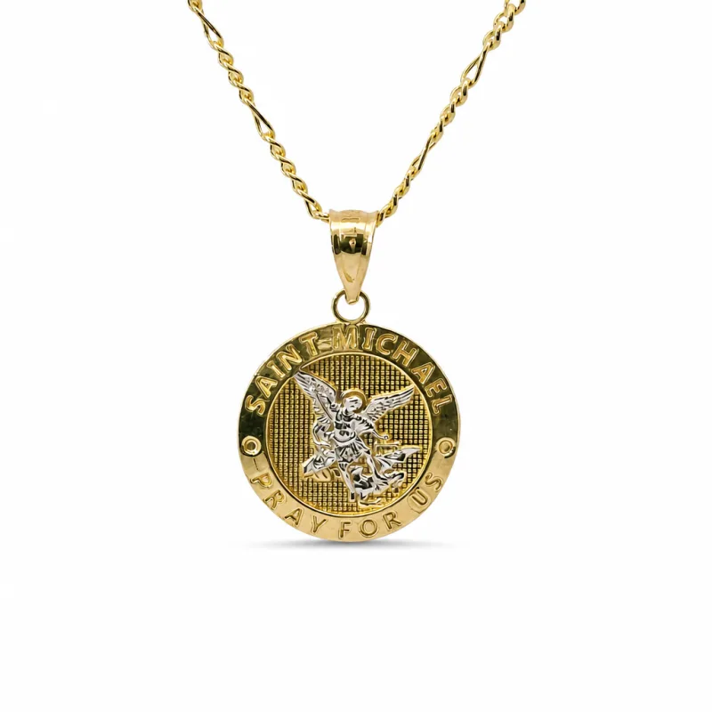 14KT Gold Charm Small Two Tone St Michael Coin with "PRAY FOR US" Border and Plain Bell