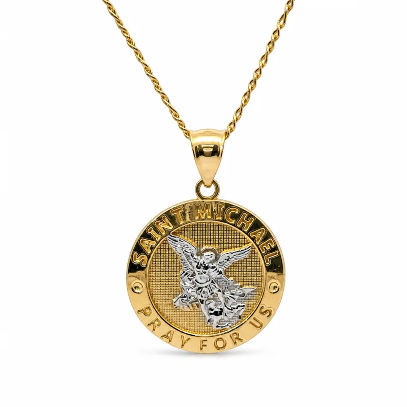 14KT Gold Charm Extra Large Two Tone St Michael Coin with "PRAY FOR US" Border and Plain Bell