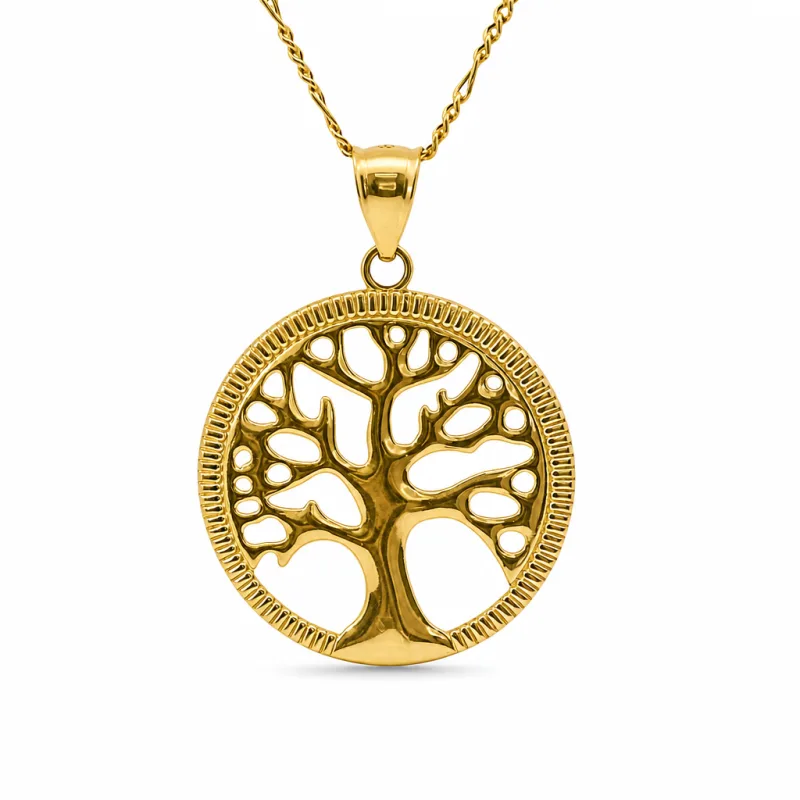 14KT Gold Charm Large Open Round Tree of Life with Currency Edge Border and Plain Bell