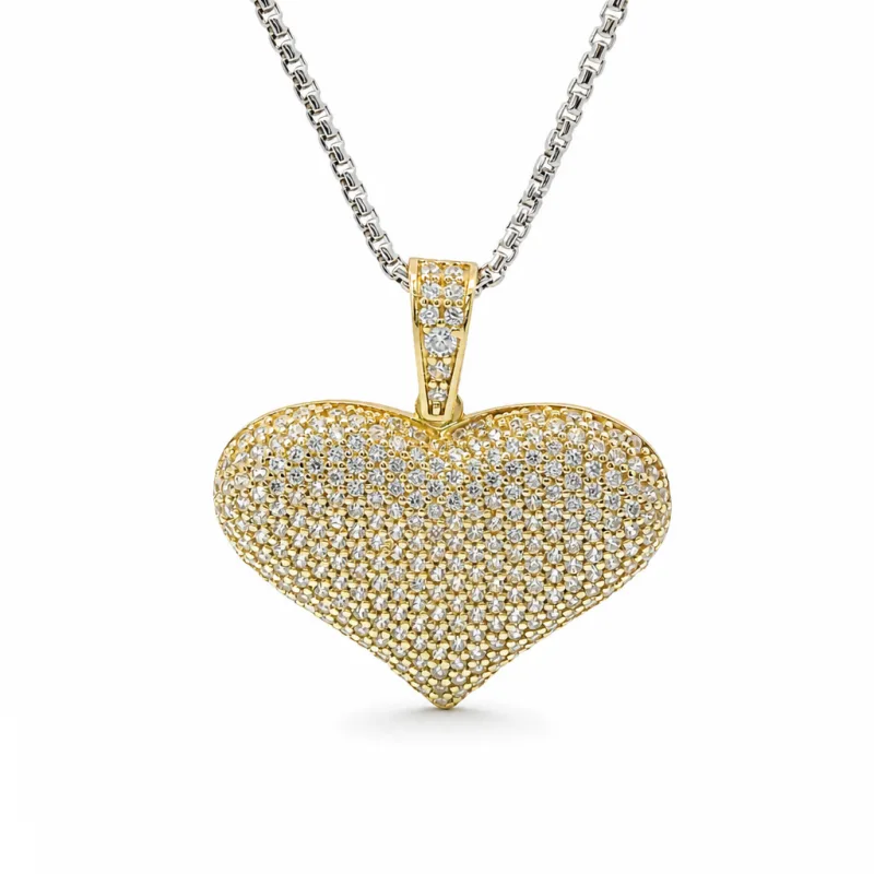14KT Gold Charm Medium White CZ Stones Heart with White CZ Stones Bell