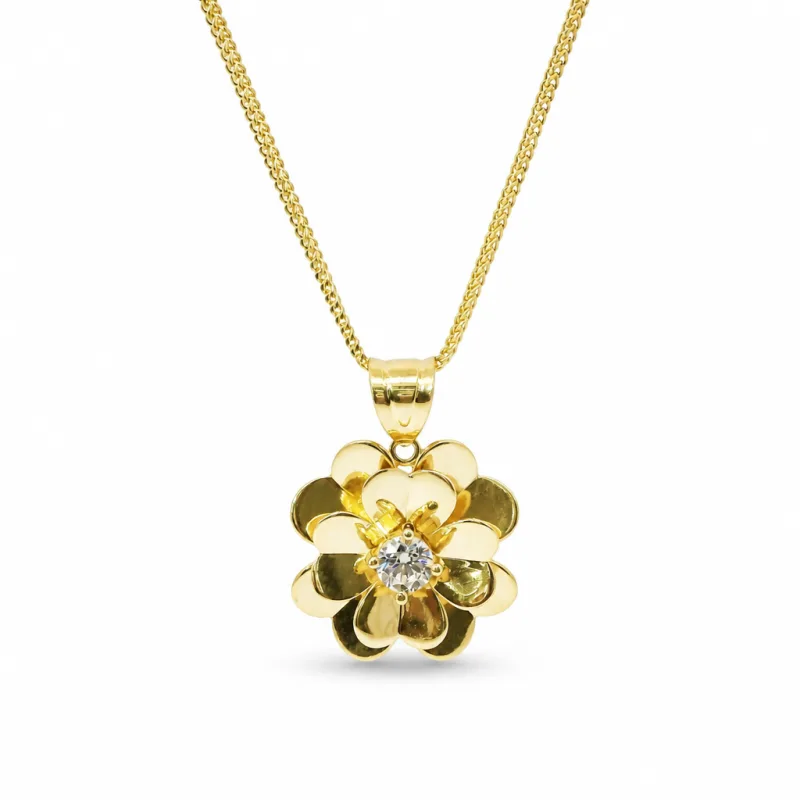 14KT Gold Charm Large Double Layer Heart Petal Flower with White CZ Stone Center and Plain Bell
