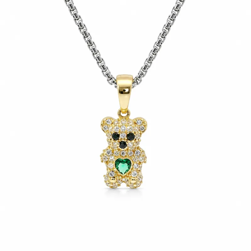 14KT Gold Charm Extra Small White CZ Stones Teddy Bear with Dark Green Heart Belly and Plain Bell
