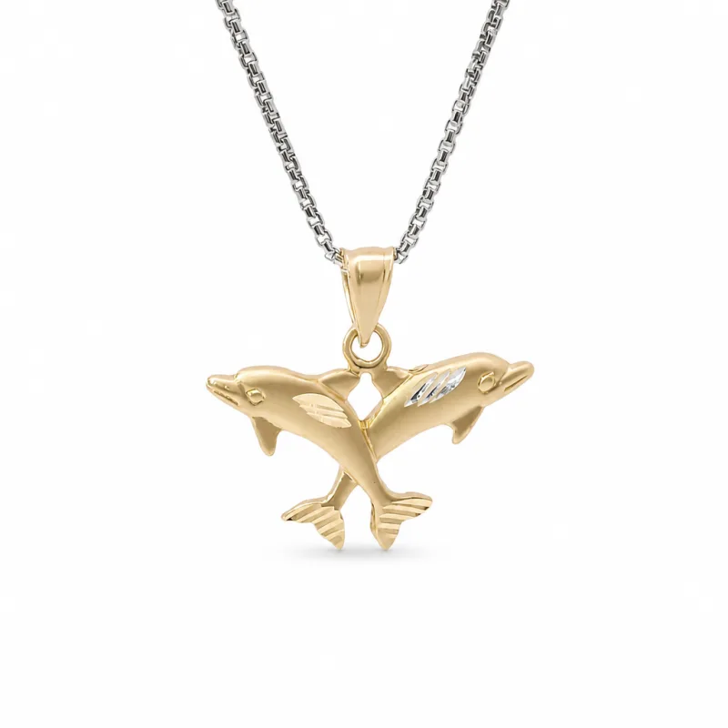 14KT Gold Charm Two Medium Diamond Cut Jumping Dolphins with Plain Bell