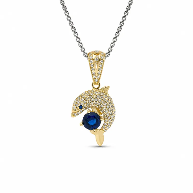 14KT Gold Charm Medium 3D Dolphin with Royal Blue CZ Stone Center, White CZ Stones Body, and Bell