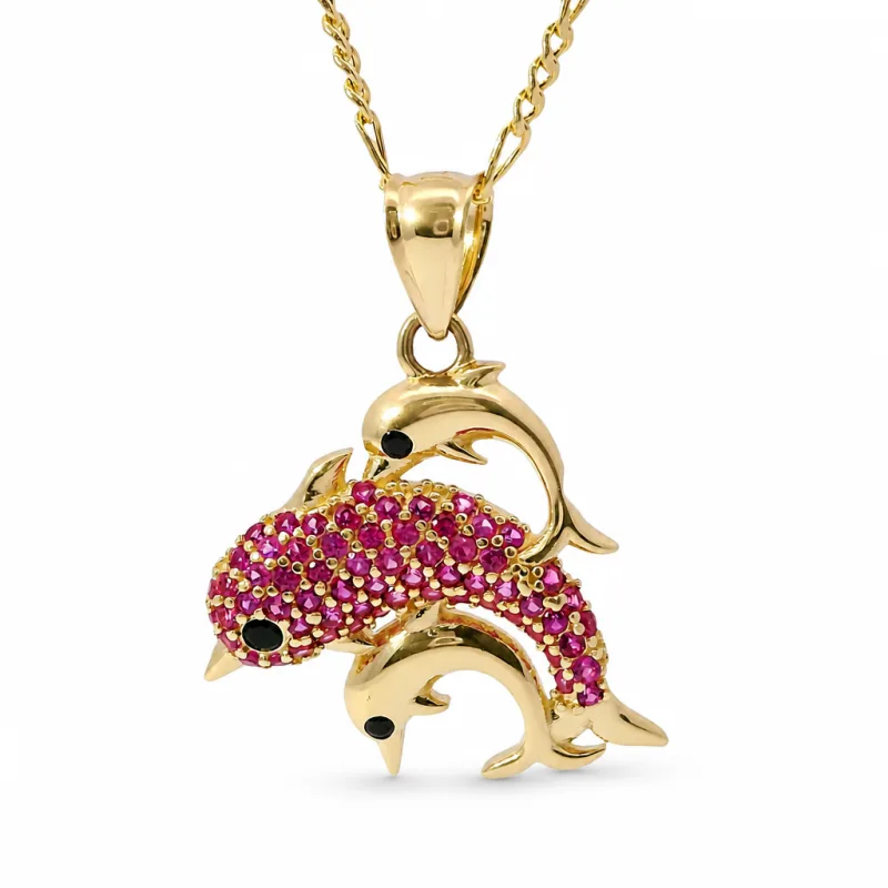 14KT Gold Charm Three Medium 3D Dolphins with Dark Pink CZ Stones Body, Black CZ Stones Eyes, and Plain Bell