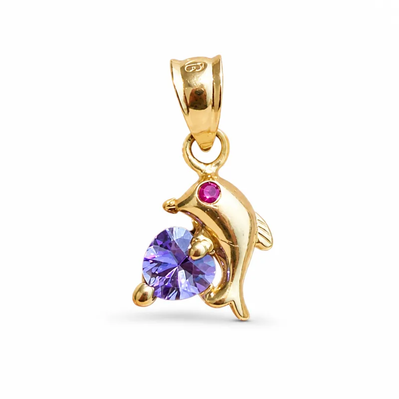 14KT Gold Charm Extra Small Dolphin with Plain Body, Dark Pink CZ Stone Eyes, Purple CZ Stone Heart Base, and Plain Bell