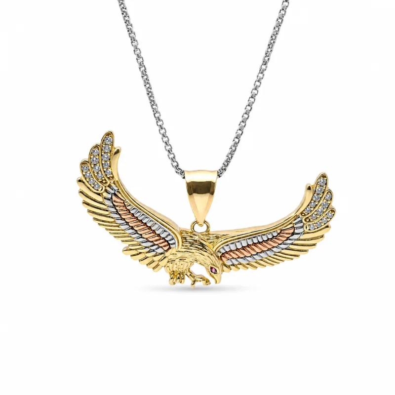 14KT Gold Charm Large Tri Tone Soring Eagle with Red CZ Eye, White CZ Stones Wing Tips, and Plain Bell