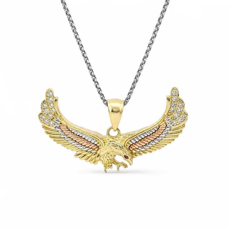 14KT Gold Charm Medium Tri Tone Spread Eagle with Red CZ Eye, White CZ Stone Wing Tips, and Plain Bell