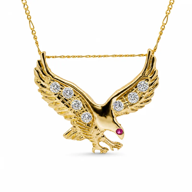 14KT Gold Charm Large Right Facing Soaring Eagle with Round White CZ Stones on Wings, Red CZ Stone Eye, and Plain Bell