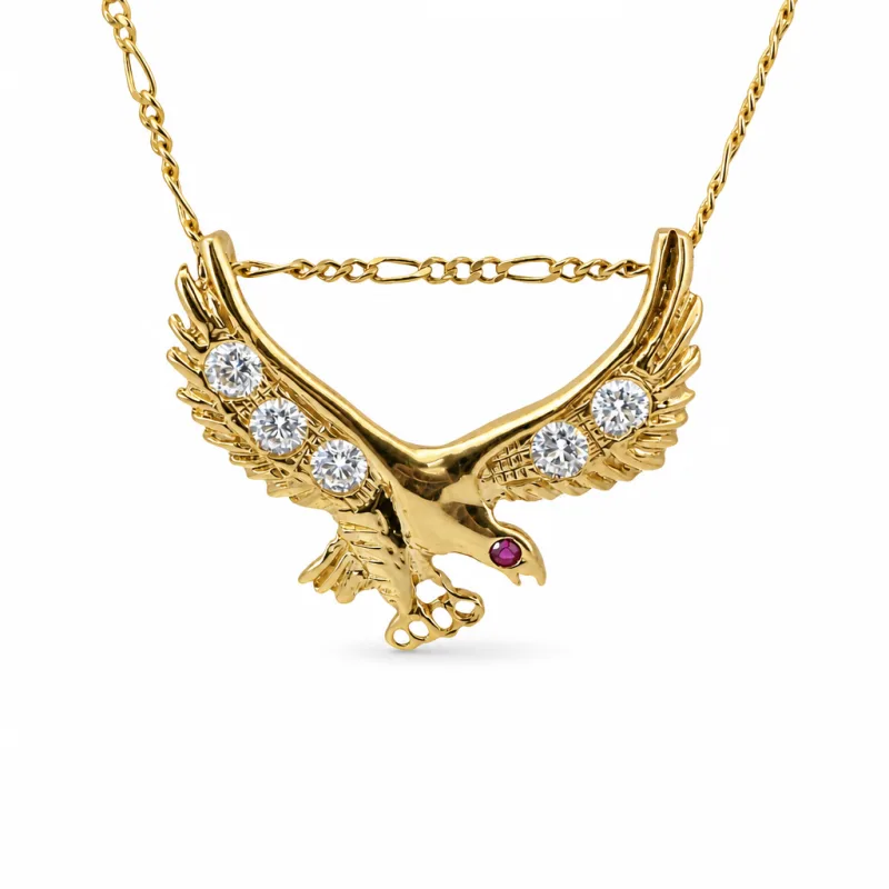 14KT Gold Charm Extra Large Right Facing Soaring Eagle with Round White CZ Stones on Wings, Red CZ Stone Eye, and Plain Bell