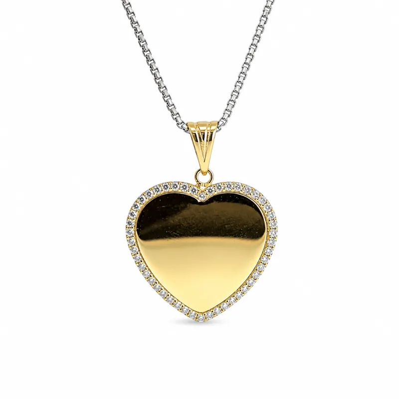 14KT Gold Charm Medium Flat Plain Engravable Heart with White CZ Stones Border and Plain Bell