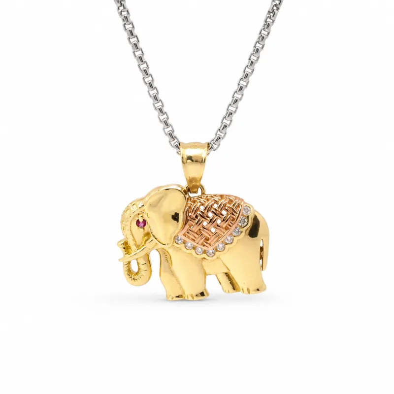14KT Gold Charm Small Tri Tone Elephant with Pink Eye and Rose Gold Pointed Blanket Plain Bell