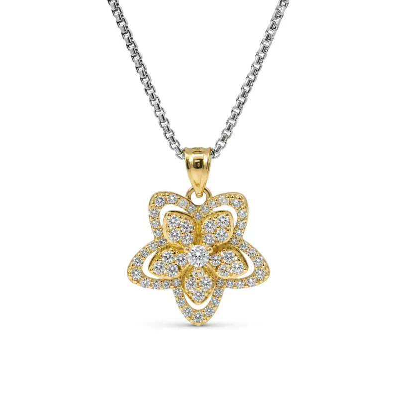 14KT Gold Charm Five Petal White Flower with White CZ Stones Border and Plain Bell
