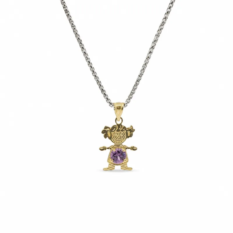 14KT Gold Charm Girl with Dark Purple CZ Stone Belly and Plain Bell