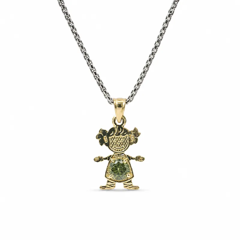 14KT Gold Charm Girl with Dark Yellow CZ Stone Belly and Plain Bell