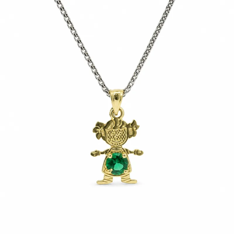 14KT Gold Charm Girl with Green CZ Stone Belly and Plain Bell